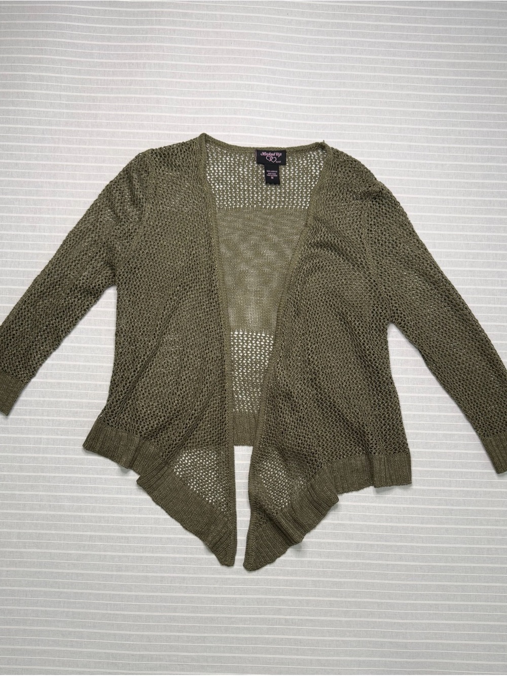 🍂 Hooked Up Olive Open Knit Waterfall Cardigan – Size Medium